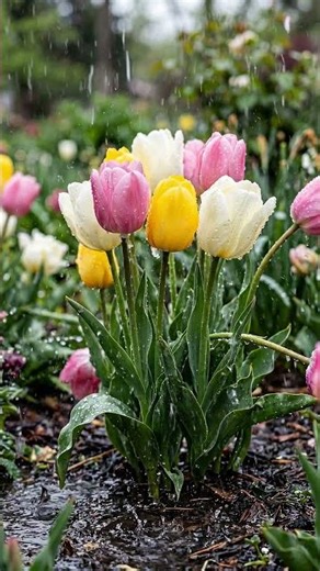 Rain Falling on Tulips 🌷💧 | Peaceful Garden Moments