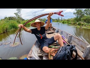 How To Eat LOTUS STEMS (Water Lily)! Harvesting + Thai Plant Based Food! | Phatthalung, Thailand
