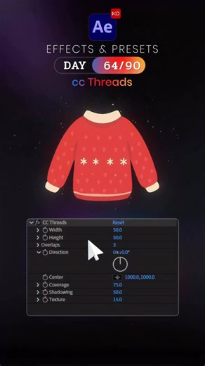 Day 64/90 – CC Threads Effect 🦋 Today is Day 64 of our 90 Days After Effects Challenge, and we’re exploring CC Threads, a texture effect that creates woven, thread-like patterns — perfect for fabric looks, abstract backgrounds, and creative motion graphics. ✨ What is CC Threads? CC Threads generates intersecting lines that look like woven threads or fabric. Great for textile textures, stylized overlays, and artistic motion design. ✨ How to Use: - Select layer → Effect → Stylize → CC Threads - A