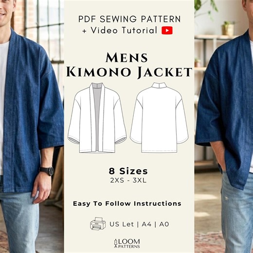 Men's Kimono Jacket Pattern (PDF Sewing Pattern) | Mens Kimono Sewing Pattern Beginner | Printable Japanese Kimono Jacket Pattern PDF - Etsy