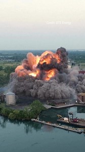 WATCH: Incredible video shows part of a shuttered power plant demolished by explosives, kicking up a wall of dust mixed with flames. | Fox News