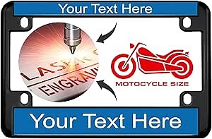 Motorcycle Personalized Black Metal (Zinc) Laser Engraved Standard Size License Plate Frame with Custom Text Design - Blue/White Text