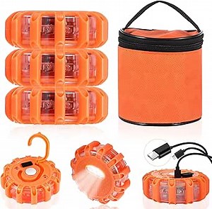 S SUNSBELL 3 Pack USB Rechargeable LED Road Flares Emergency Lights - Roadside Safety Beacon Disc Flashing Warning Flare Kit with Magnetic Base & Hook for Vehicles Boat, 9 Flash Modes, 4580644-3U