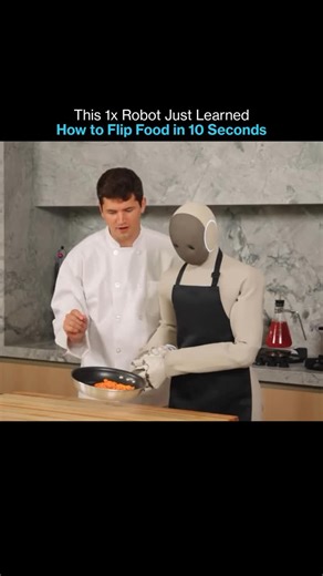 UpgrdTech | Robots aren’t just learning tasks, they’re learning instincts. This 1X robot just mastered flipping food in under 10 seconds using an AI... | Instagram