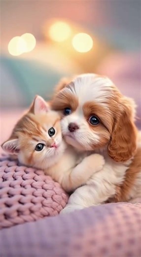 Tiny Kitten Hugging a Fluffy Puppy | Super Cute 10-Second Cinematic Scene