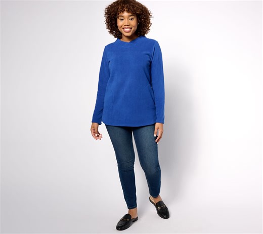 Denim & Co. Regular Fleece Crossover Neck Long Slv Tunic w/ Dolphin Hem - QVC.com