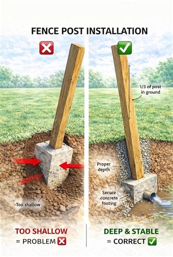 Most leaning fences fail underground — not above it. When a fence post is installed too shallow, the soil can’t resist lateral forces from wind, rain, and ground movement. Over time, this causes leaning, instability, and premature failure. ❌ The correct method is setting the post at proper depth (about 1/3 of its height), anchored with solid concrete footing and drainage, ensuring long-term stability. ✅ 👉 Strong structures always start below ground level. Save this — depth matters more than mos