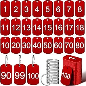 Hicarer Metal Numbered Tags Stainless Steel Number ID Key Tags with Holes Numbered Key Rings Chain (1-100, Rectangle,1.57 x 0.39 Inches)