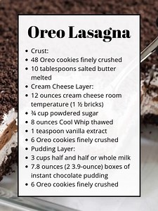 1.3M views · 12K reactions | Oreo Lasagna  This easy no bake dessert layers crushed Oreos, creamy cheesecake filling, and rich chocolate pudding. Made with simple ingredients, it is a family friendly treat perfect for gatherings. Ingredients: 48 Oreo cookies finely crushed 10 tablespoons salted butter melted 12 ounces cream cheese room temperature (1 ½ bricks) 8 ounces Cool Whip thawed Recipe in the Coʍʍеոτ  | Recipes by banana | Facebook