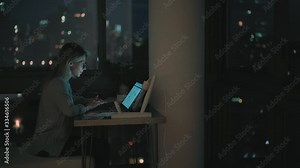 Female freelancer doing overtime distance work on modern laptop computer with home internet connection, Caucasian woman searching web information during netbook networking in apartment
