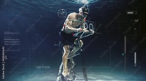 Cinematic shot of young male athlete exercising on stationary cycling machine with latest innovative technology augmented reality holograms underwater. Concept of sport, fitness, immersive technology.