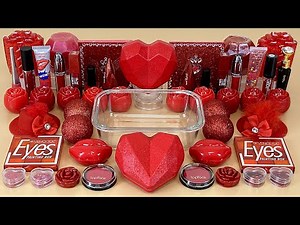 RED SLIME Mixing makeup and glitter into Clear Slime ASMR Satisfying Slime Videos 1080p
