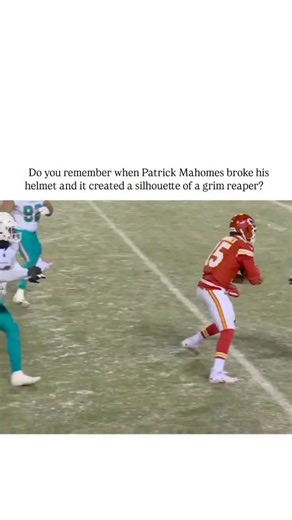 sport.decodee on Instagram: "- The post revives a viral moment from the Kansas City Chiefs' 13 January 2024 Wild Card playoff victory over the Miami Dolphins, where Patrick Mahomes' helmet cracked on a hit from safety Deshaun Elliott, forming a crack resembling a Grim Reaper silhouette. - Kansas City coach Andy Reid famously urged Mahomes with the line "When it's grim, be the Grim Reaper," turning the incident into a symbol of resilience that inspired fan art and merchandise, with the helmet now