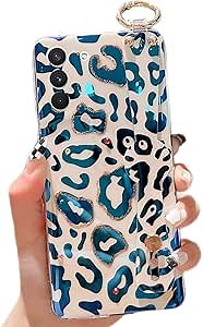 for Galaxy S22 Plus Case Leopard Print Wrist Band Kickstand Cover Ultra Slim IMD Laser Dianond Cover for Samsung Galaxy S22 Plus 5G 2020(Leopard Skin Pattern)