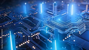 Circuit board close-up. Technology background. 3d rendering, Abstract technology and circuit board wallpaper with digital glowing waves and patterns