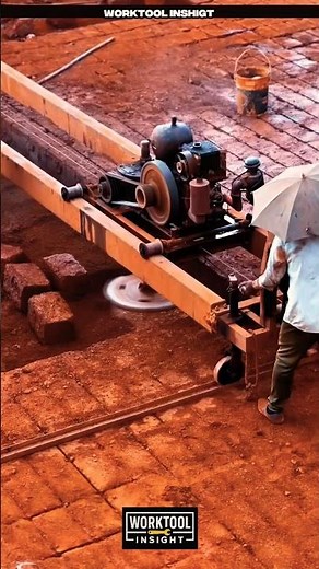 Clay bricks cut fast using rail guided rotating blade worktool