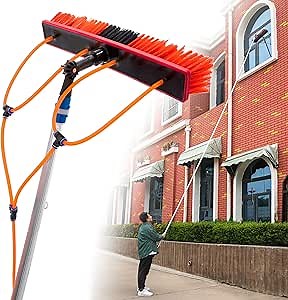 40 FT Adjustable Window Cleaning Pole - Rotatable Brush Head, Aluminum Material, Red, Window Brush, Window Cleaning Brush, Kit Includes 65 FT Water Hose, 1* Brass Coupling, 4* Separators
