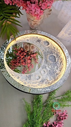 Chhaya Meena on Instagram: "Half Moon Mirror Lamp 😍 loving this beauty ❤️ Created the half moon version for our client .and it came out amazing pretty.. did u check the full moon in my gallery?? checkout now, u gonna love it Materials used- - 3 layered MDF base. - Wall putty paste, white acrylic paint - Mirrors - Led strip lights The cut mirrors placing took some time, but it enhances the look perfectly and looks lovely even when off on walls Hope u like it, too.. Keep creating ✨️ #artowalls #m