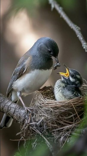 Mother Junco’s Tender Care: Feeding Her Tiny Woodland Nestling 🌲🐦💛 #shorts