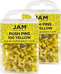 JAM PAPER Colorful Push Pins - Yellow Pushpins - 2 Packs of 100