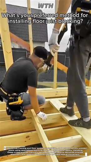 Framing Carpenter Installs Floor Joist Blocking For Structural Rigidity & Code Compliance