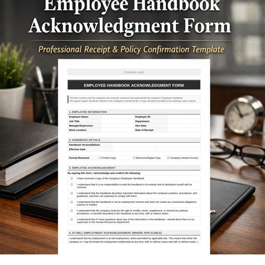 Employee Handbook Acknowledgment Form | HR Receipt Template | At-will Confirmation | Editable Word & PDF - Etsy