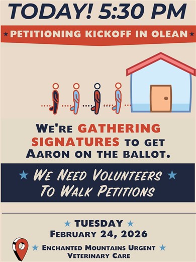Today, we kick off petitioning in Olean! This is where it starts! If you are a registered Democrat, you can sign. You can carry. You can help. Show up. Bring a friend. Be part of the work from day one. Let’s make this happen! https://www.facebook.com/events/4379849675602173 #aaronforny23 #ny23 #wny #petitioning #ballotaccess #2026elections