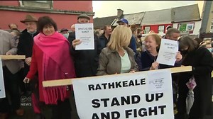A protest has been held outside the Rathkeale AIB branch, which is preparing to go cashless from next month The community says cash transactions still account for 80% of business in the town | Virgin Media News