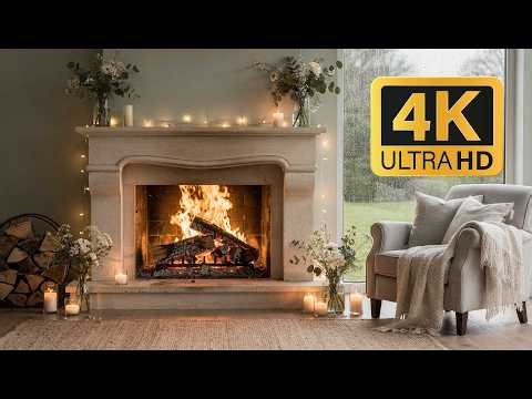 12H Spring Fireplace 4K 🌧️ Cozy Rain & Crackling Fire for Sleep, Study & Relax (No Music)