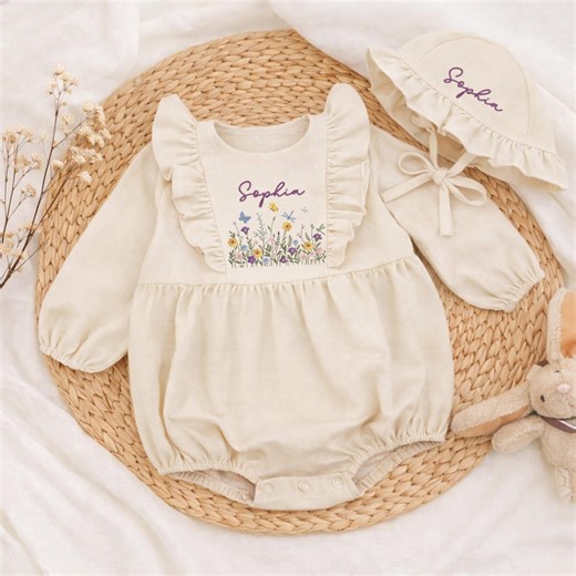 Embroidered Wildflower Linen Romper, Personalized Floral Baby Romper With Name, Baby Shower Gift, Boho Flower Outfit, Coming Home Ourfit - Etsy