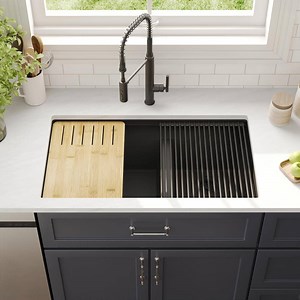 DEERVALLEY Workstation 33 in. Undermount Quartz Composite 60/40 Double Bowl Kitchen Sink in Matte Black with Accessories DV-1K0175