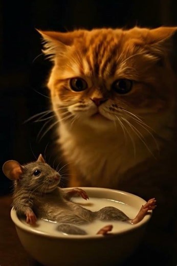 A Cat Can’t Believe a Mouse Is Bathing in Her Milk 😳🐭