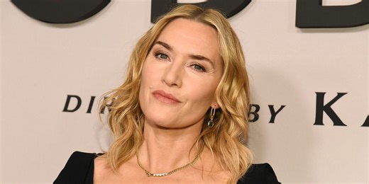Kate Winslet Pairs a Deep Millennial Side Part With Her Bedazzled, Asymmetrical Little Black Dress