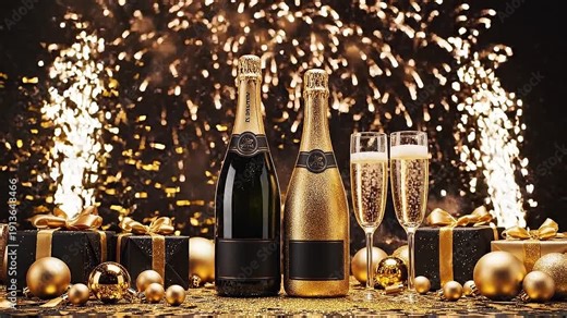 Celebratory champagne bottles and glasses surrounded by golden ornaments and fireworks exploding in the background