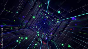 Sci-fi bg fly through tech digital space like in tunnel with neon light. Concept of hi-tech information flow, blockchain. 3d looped bg motion design, cubes and spheres, constructions. Dark dynamic bg