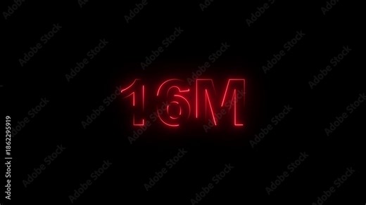 Glowing Red 16 Million Neon Sign on Black Background glowing red neon sign neon text red glow 10M text.facebook and youtube fllowers."Futuristic 16M neon light text on dark background.