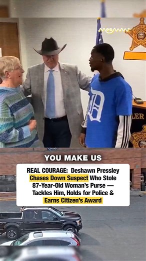 REAL COURAGE: Deshawn Pressley Chases Down Suspect Who Stole 87-Year-Old Woman’s Purse — Tackles Him, Holds for Police & Earns Citizen’s Award Deshawn Pressley chased down the suspect, tackled him, and held him until sheriff’s deputies arrived. His bravery didn’t go unnoticed, and the sheriff’s department later honored him with a citizen’s award. #RealHero #CitizenAction #ProtectOurSeniors #CrimeStopped #LawEnforcement #CommunitySafety | MEAWW