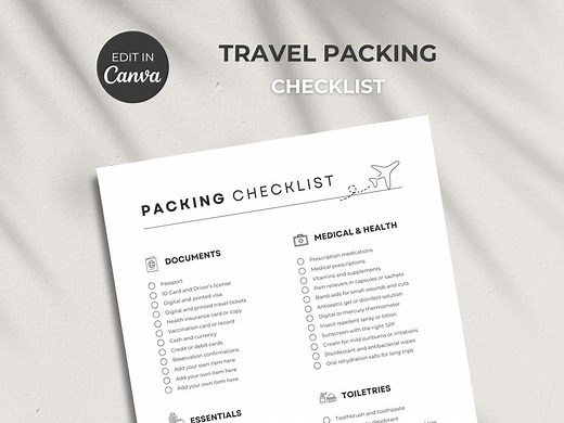 Travel Packing Checklist: 3 Pages Printable List (editable Canva Template) - Etsy