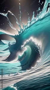 dynamic aqua-colored wave captured in motion, with white splashes and droplets set against a dark background, evoking the ocean's power.