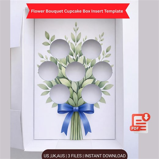 Flower Bouquet Cupcake Box Insert PDF – Ready-made Printable Cupcake Packaging Template With Blue Ribbon - Etsy