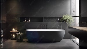 bathroom interior design with matte black bath. The design combines elegance with functionality, modern bathroom interior with bathtub. seamless looping overlay 4k virtual video animation background