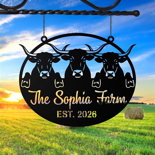 Personalized Cattle Farm Metal Sign, Custom Longhorn Ranch Name Sign, Rustic Cow Farm Yard Decor, Outdoor Country Farm Sign, Metal Farm Sign - Etsy