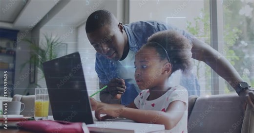 Father helping daughter at laptop, child typing and activating learning overlays with green pencil