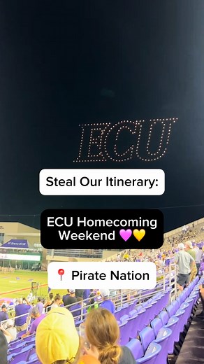 ECU Game Day = Weekend Getaway 💜💛 Join us in Pirate Nation this weekend, November 7–9, for ECU Homecoming! Friday, November 7: Freeboot Friday kicks off the weekend at Five Points Plaza at 5 PM with food trucks, cold beverages, and live music from The Bends and Dillon Fence. Saturday, November 8: The Homecoming Parade starts on 5th Street at 9 AM, followed by game day kickoff at 3 PM. Catch the Sup Dogs Game Day Shuttle from Downtown to College Hill— running from noon until one hour after the 