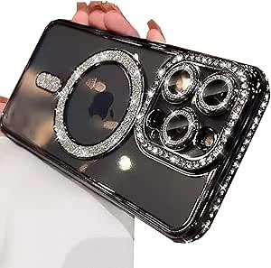 Changjia Magnetic Clear Glitter Case for iPhone 16 Pro Max, [Compatible with MagSafe] Cute Bling Sparkly Diamond with Camera Protector Soft TPU Bumper Women Girls Case for iPhone 16 Pro Max 6.9",Black