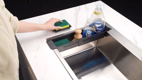 NiHome Extendable Over Sink Kitchen Organizer, Small Telescopic Brush Storage Rack for Sponge, Non-Slip Pads Expandable Sink Caddy, Adjustable Sponge/Brush Rack with Drainage Durable ABS (Black)