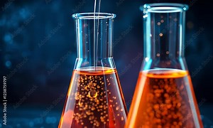 Lab experiment orange liquid poured into erlenmeyer flasks, dark bokeh background. Science research