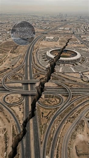 A crack miles long tears through a stadium and continues far beyond it, stretching across the landscape in a dramatic, unsettling divide. #stadium #crack #megascale #infrastructure #disaster This content is AI-generated and created for illustrative purposes only. | Earth Impacts
