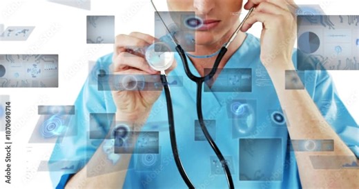 Doctor lifting stethoscope chest piece and aligning with pulsing or fading panels for health insight
