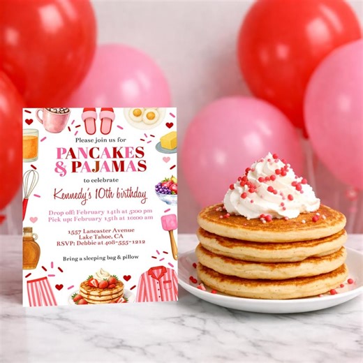 Valentine's Day Pancakes and Pajamas Party Invitation Template, Printable Birthday Breakfast Invite, Pink and Red Sleep Over Party, Corjl - Etsy
